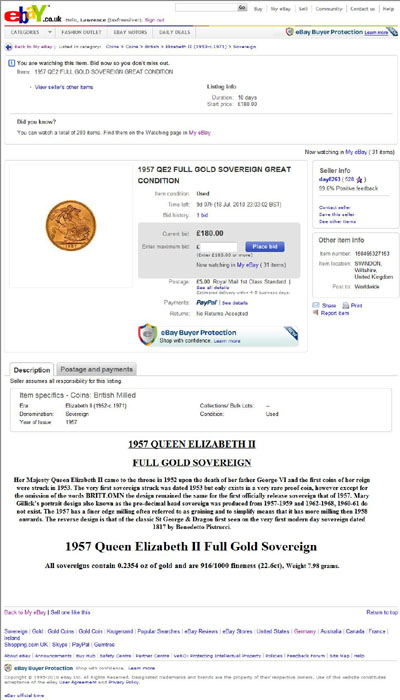 day8263 1957 Elizabeth II Uncirculated Sovereign eBay Auction Listing